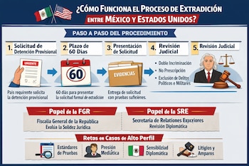 Infografía del proceso de extradición México-Estados Unidos, mostrando pasos con iconos, banderas, roles de FGR y SRE, y retos en casos de alto perfil.