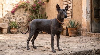 Un perro xoloitzcuintle de color oscuro con collar de cuero permanece de pie en un patio empedrado junto a macetas y muros de adobe.