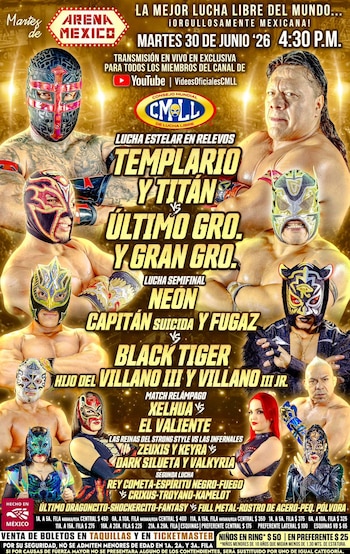La cartelera incluye una lucha estelar en relevos con Templario y Titán frente a Último Guerrero y Gran Guerrero (CMLL)