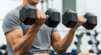 Primer plano de los antebrazos y manos de un hombre levantando dos mancuernas hexagonales negras de 15 kg en un gimnasio con fondo claro y luminoso.