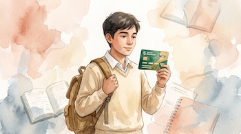 Ilustración en acuarela de un joven con suéter claro y mochila que sostiene una tarjeta verde del Banco del Bienestar entre libros abiertos.
