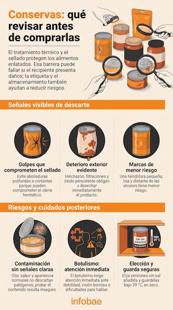 Infografía con ilustraciones de latas de conserva con abolladuras, un torso con síntomas de salud y un envase en un estante a menos de 29 grados