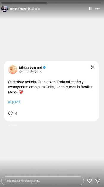 Captura de pantalla de una publicación en red social. El usuario Mirtha Legrand con mensaje de condolencias. Se ven icono de corazón, número 4 y barra de respuesta