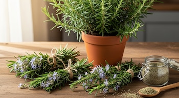 Planta de romero en maceta, manojos de romero fresco con flores lilas, y romero seco en un frasco y cuchara sobre una mesa de madera.
