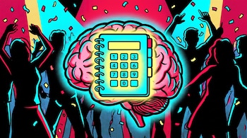 Ilustración de un cerebro con una agenda y teclado numérico, rodeado por siluetas de personas bailando entre confeti y luces.