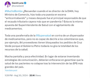 Senador David Luna criticó la
