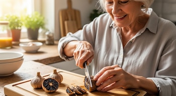 Primer plano de una mujer mayor sonriente con cabello blanco, usando un cuchillo para cortar un ajo negro en rodajas finas sobre una tabla de madera.