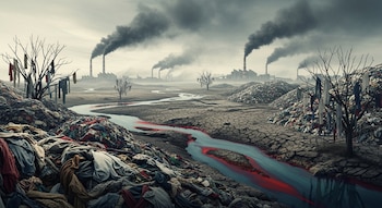 Paisaje desolado con montañas de ropa usada, árboles secos con prendas colgando, un río con agua roja y azul, suelo agrietado y fábricas con chimeneas humeantes.