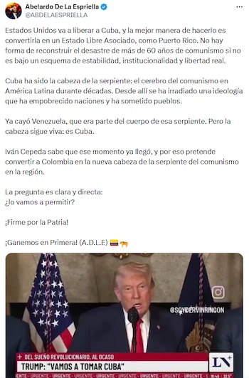 Abelardo de la Espriella instó a transformar el futuro de Cuba bajo modelo similar al de Puerto Rico - crédito @ABDELAESPRIELLA/X