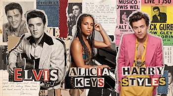 Collage digital con tres retratos: Elvis Presley, Alicia Keys y Harry Styles. Se observan sus nombres, trozos de papel, tela de mezclilla y escritos.