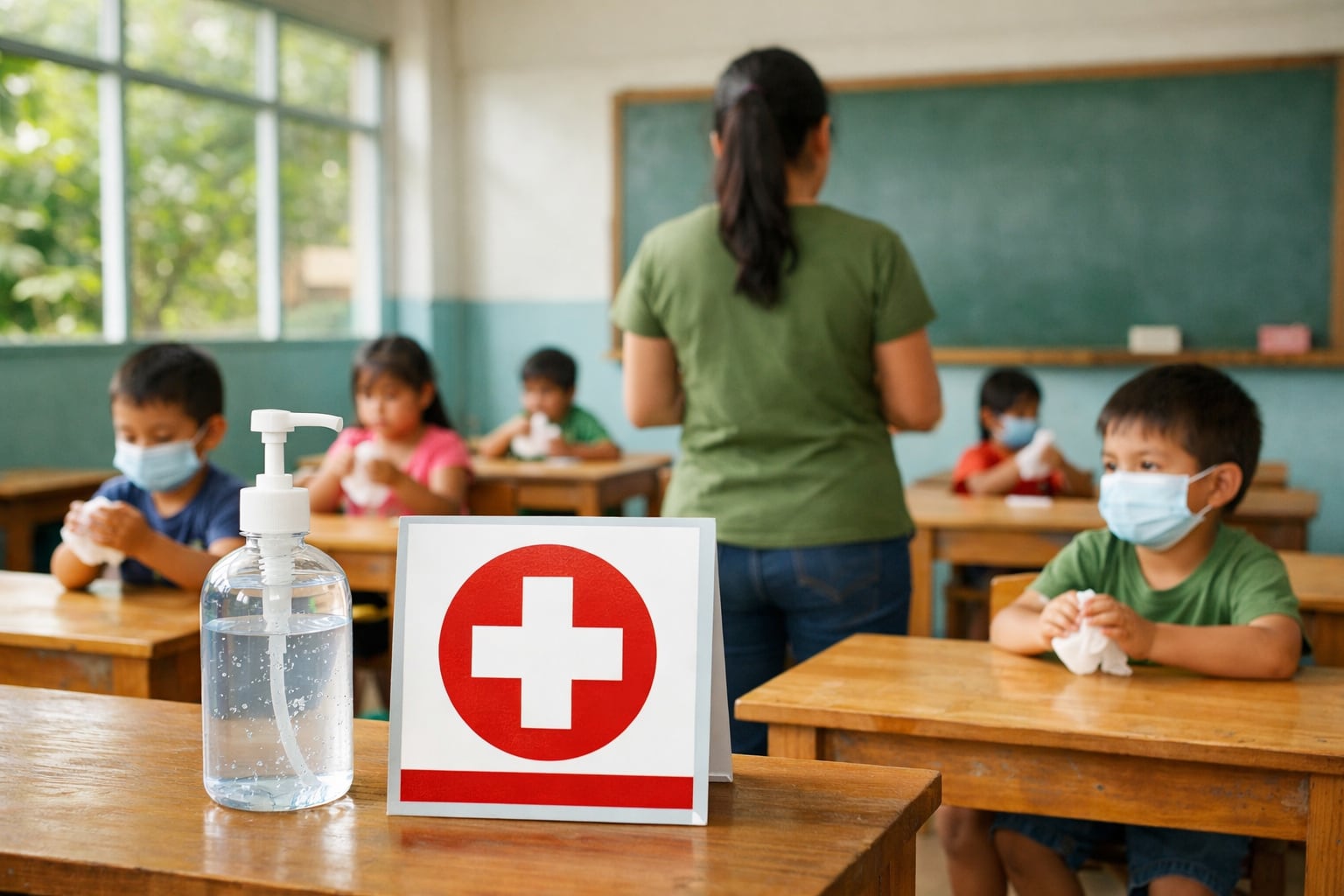 Niños en una escuela primaria amazónica aprenden en un aula luminosa, siguiendo estrictos protocolos de higiene con alcohol gel y mascarillas, bajo la supervisión de su docente y con señalización del MINSA. (Imagen Ilustrativa Infobae)