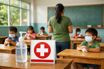 Primer plano de una botella de alcohol gel y un cartel del MINSA. En el fondo, niños con mascarillas sentados en pupitres de madera, y una maestra de espaldas.
