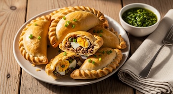 Primer plano de empanadas tucumanas doradas sobre mesa de madera. Una empanada abierta muestra relleno de carne, huevo y cebolla. Junto a ellas, un bol de chimichurri.