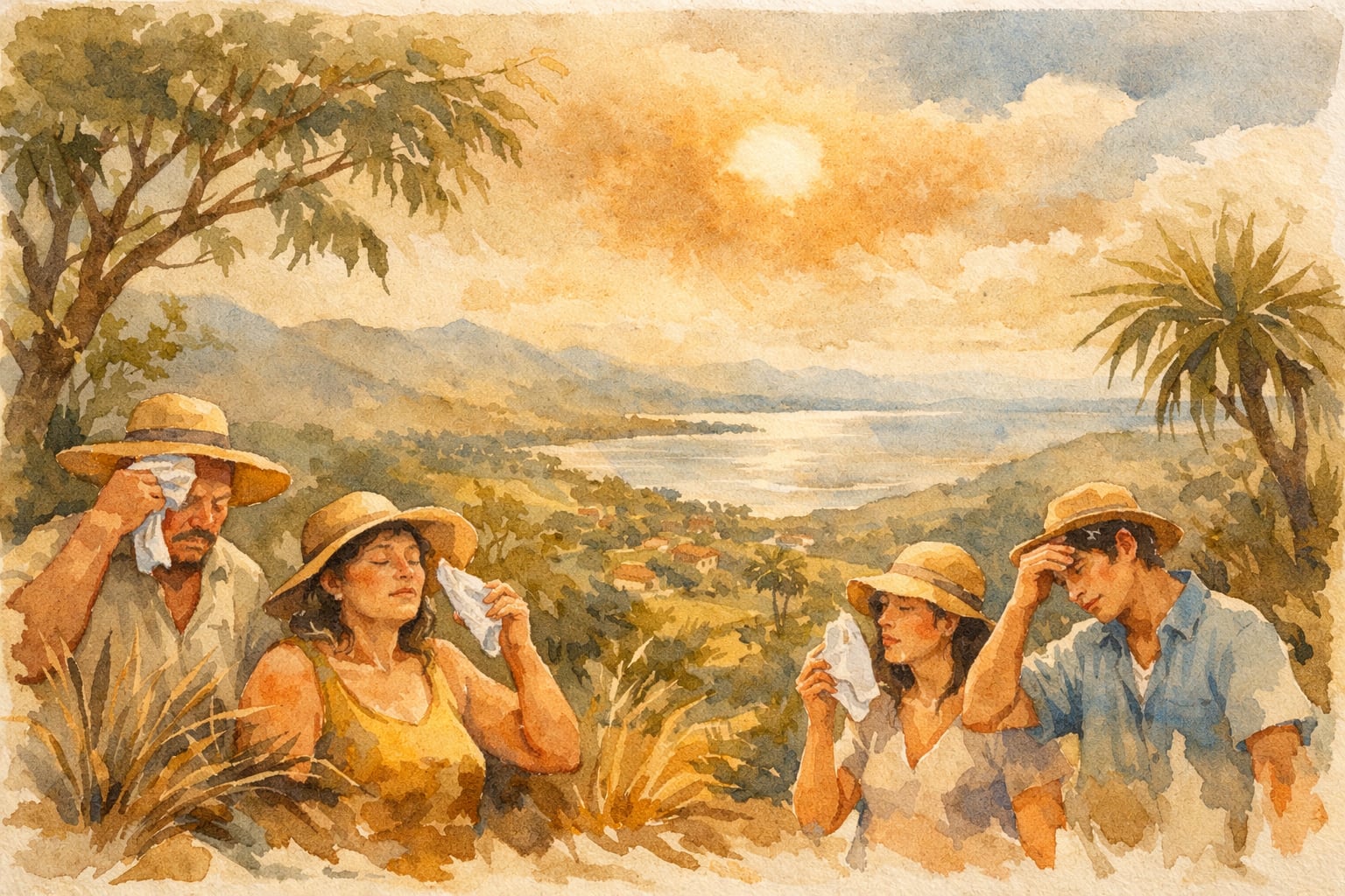 Cuatro personas en un paisaje nicaragüense intentan refrescarse del calor secándose el sudor y abanicándose bajo un sol opacado por nubes y bruma, con un terreno montañoso y una franja costera de fondo. (Imagen Ilustrativa Infobae)