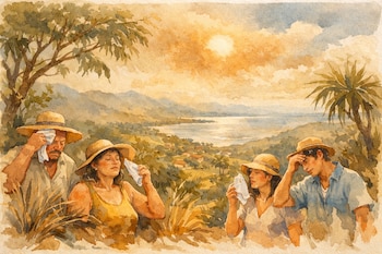 Cuatro personas con sombreros y ropa ligera se abanican o secan el sudor bajo la sombra de árboles. Al fondo, colinas, una franja costera y un sol entre nubes.