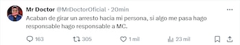 Mr. Doctor reveló a través de X que fue girada una orden de aprehensión en su contra con relación al proceso legal que enfrenta con la grafóloga Maryfer Centeno. (X)