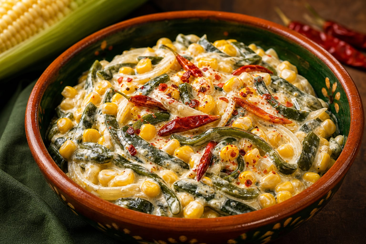 Un plato de la cocina mexicana contiene rajas de chile poblano mezcladas con crema, granos de elote y chiles de árbol secos en un recipiente de barro. (Imagen Ilustrativa Infobae)
