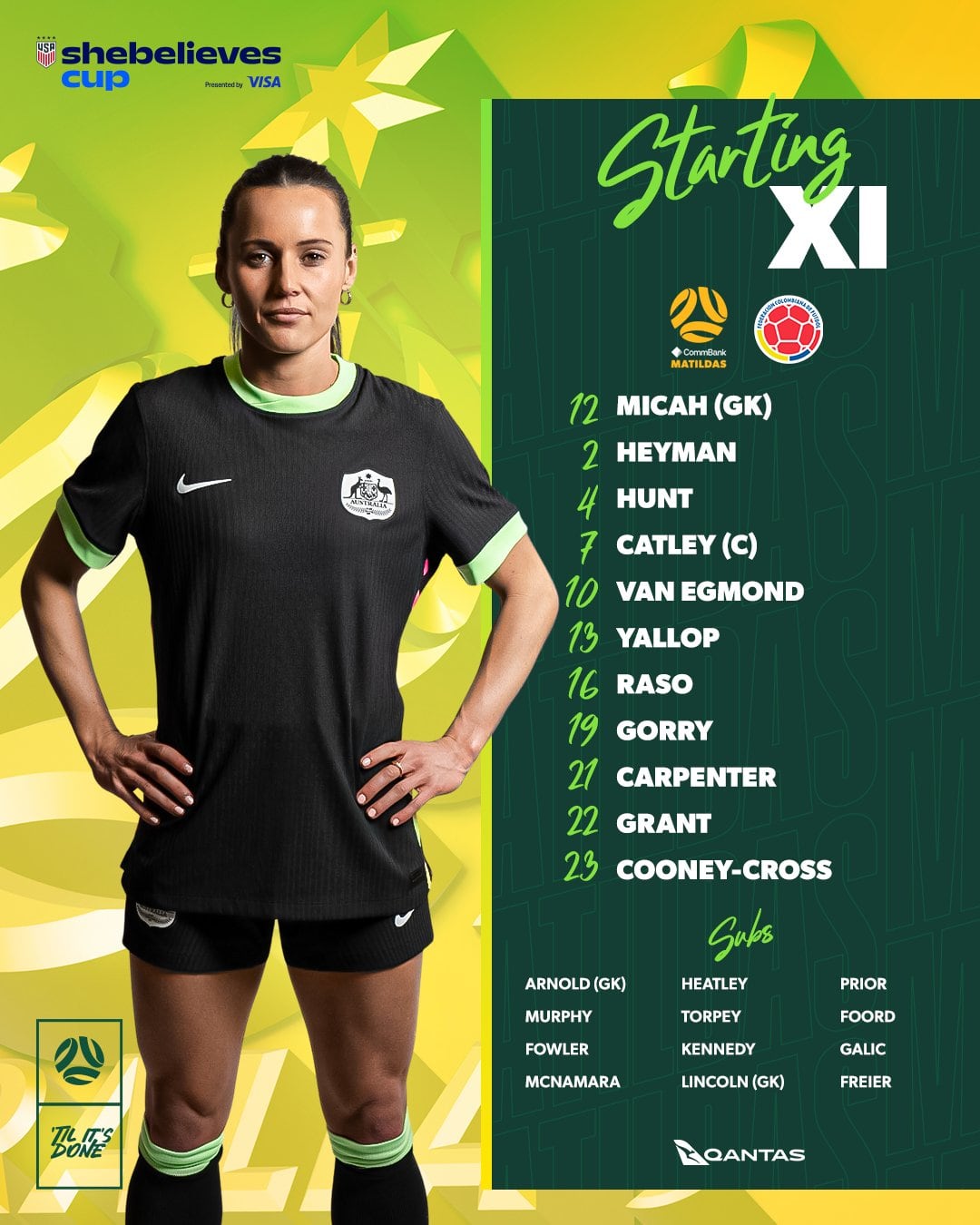 Así se presentará el equipo nacional de Australia en la última fecha de la She Believes Cup frente a Colombia - crédito @TheMatildas/X