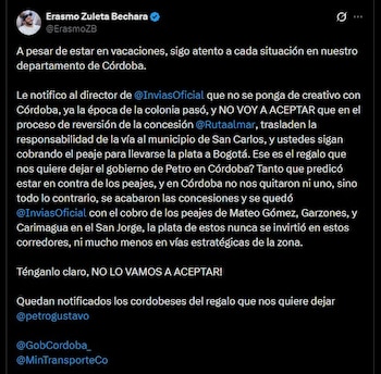 Erasmo Zuleta cuestionó el esquema de Invías y sostuvo que la reversión de la concesión mantiene una relación de subordinación con el Gobierno central - crédito @ErasmoZB/X