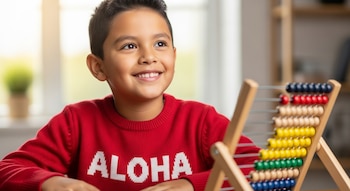 Primer plano de un niño sonriendo, con cabello oscuro y suéter rojo que dice ALOHA, junto a un ábaco de madera con cuentas de colores.