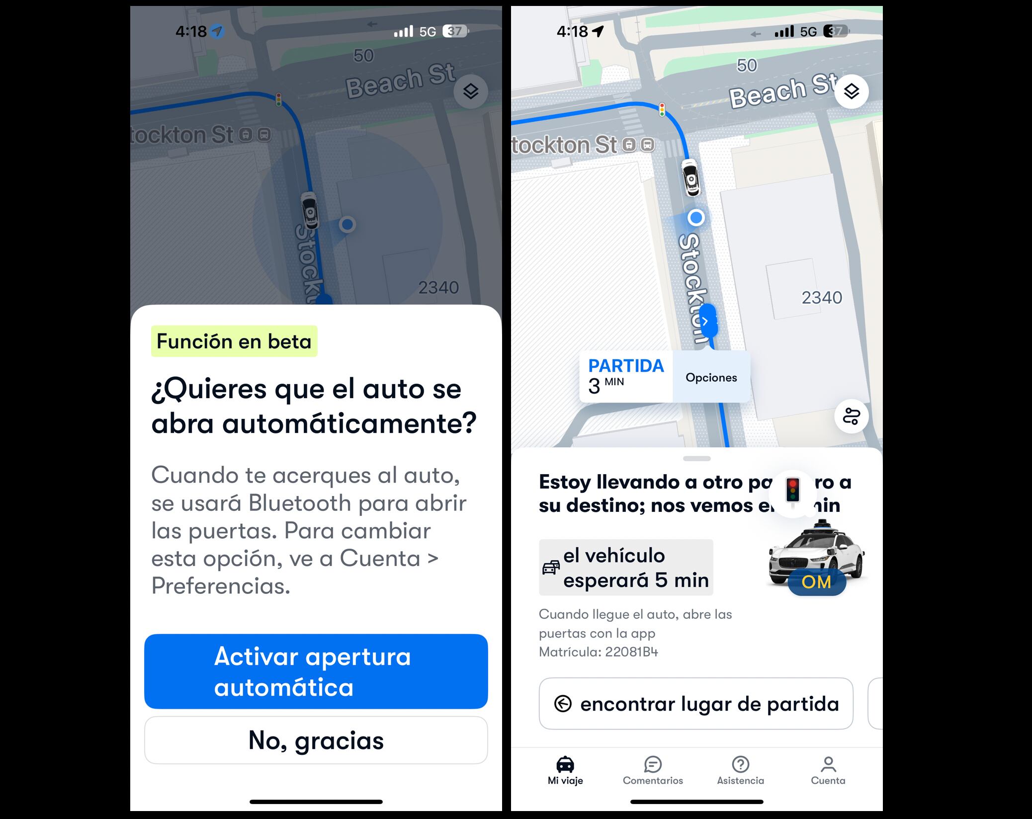 La función beta de apertura automática de puertas mediante Bluetooth permite una experiencia personalizada, optimizando la espera y el abordaje rápido en cada viaje. La app muestra los datos del vehículo asignado y la ubicación exacta para el abordaje.