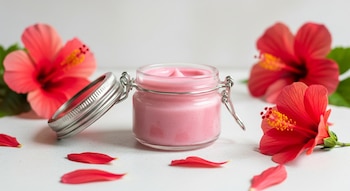 Un frasco de vidrio transparente con bálsamo labial rosado cremoso y su tapa metálica abierta, flanqueado por dos flores de jamaica rojas y pétalos dispersos.