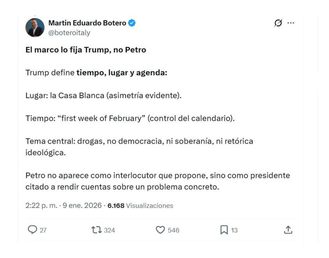 El académico Martín Eduardo Botero hizo en redes sociales su análisis de la reunión Petro - Trump - crédito @boteroitaly/X