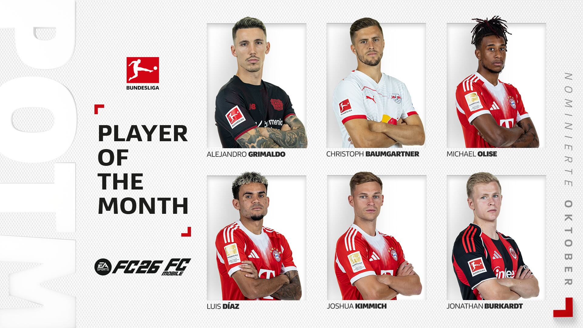 El colombiano también peleará por ser el mejor jugador del mes junto a sus compañeros en el Bayern Múnich: el francés Michael Olise y el alemán Joshua Kimmich - crédito @Bundesliga_DE / X