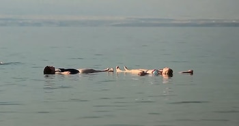 Dos personas flotan boca arriba en un cuerpo de agua. Una persona viste traje de baño oscuro, la otra traje de baño claro. Se observa una línea de tierra distante