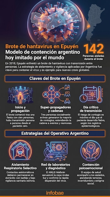 Infografía del brote de hantavirus en Epuyén, Argentina, con una ilustración del virus, mapa, número de aislados y estrategias de contención.