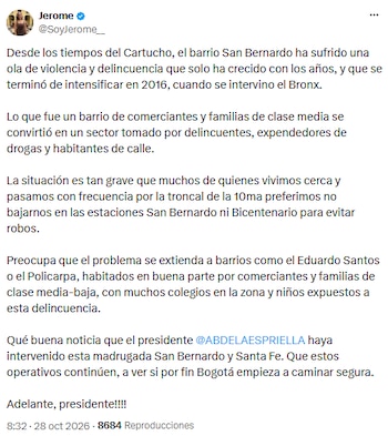 Jerome Sanabria relató el impacto de la inseguridad en la zona - crédito @SoyJerome__/X