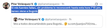 La confirmación de Pilar Velásquez sobre el arribo de James Rodríguez a Bogotá para jugar ante Inter - crédito @pilarvelasquezv/X