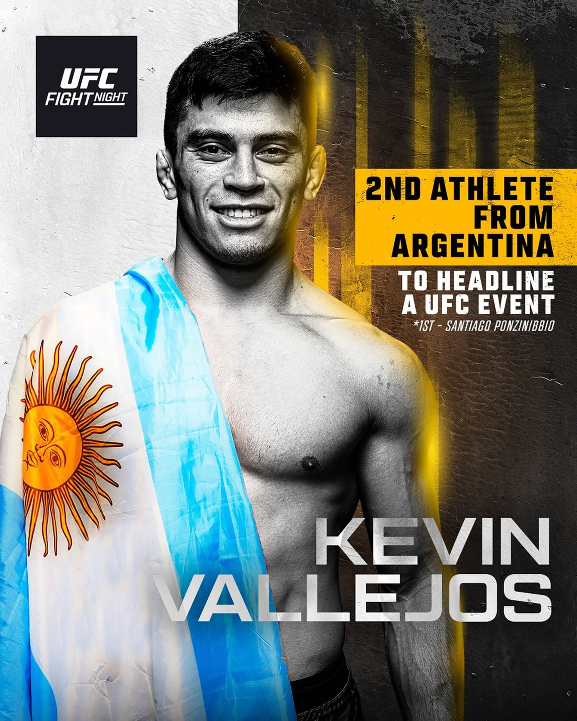 El luchador argentino Kevin Vallejos posa con la bandera de su país, celebrando ser el segundo atleta de Argentina en encabezar un evento de UFC.