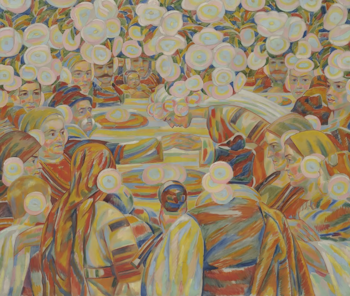 Una pintura colorida muestra a varias personas sentadas alrededor de una mesa, con vestimenta vibrante. Formas florales blancas y pastel adornan la parte superior