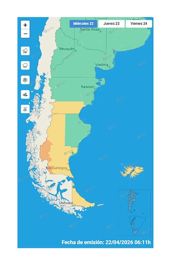 Mapa meteorológico de Argentina del 22/04/2026 mostrando zonas con alertas. Regiones verdes, amarillas y naranjas indican diferentes niveles de riesgo