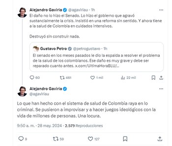 Alejandro Gaviria culpa al Gobierno Petro de agravar la crisis del sistema de salud colombiano - crédito @agaviriau/X