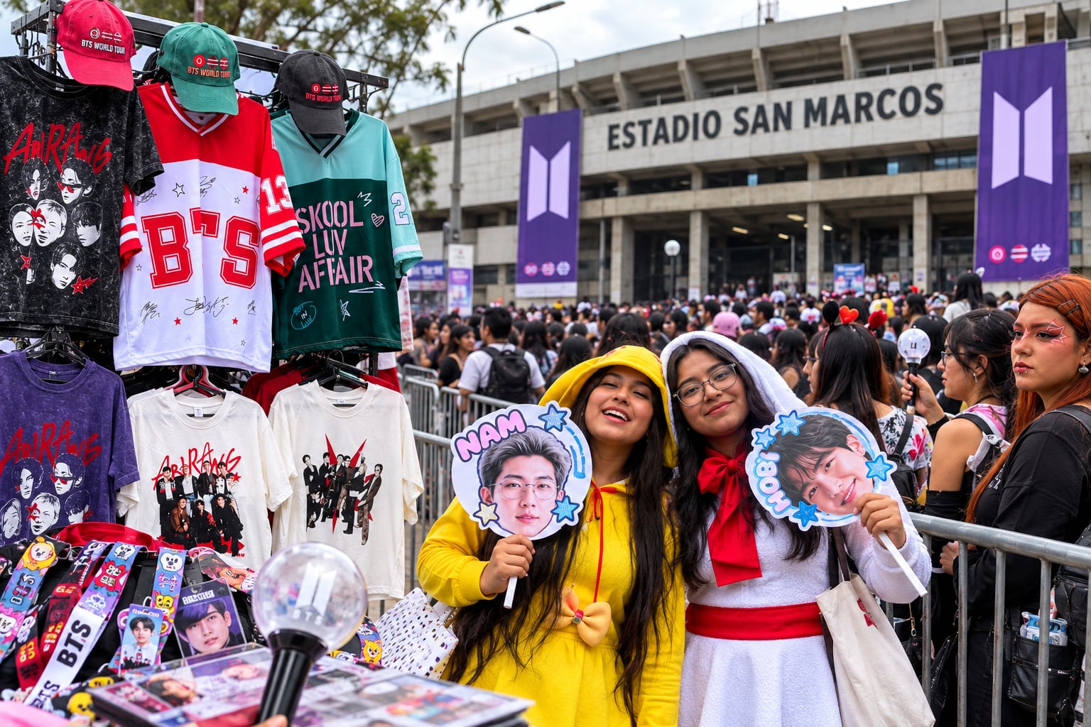 Varias seguidoras de la banda surcoreana BTS posan junto a un puesto de mercancía en las afueras del Estadio San Marcos de Lima antes de un concierto.