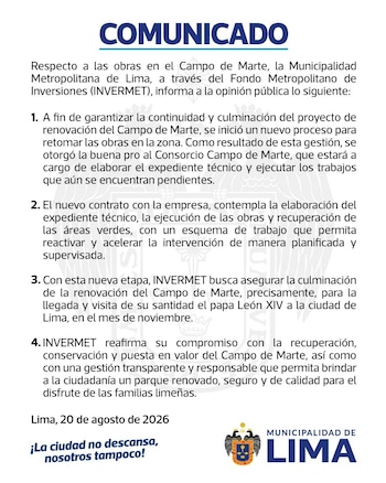 Texto de un comunicado oficial impreso sobre fondo blanco con el logotipo de la Municipalidad de Lima en la parte inferior