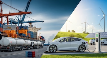 Imagen dividida: un puerto con barco de carga, grúas y camiones cisterna; y vehículos eléctricos cargando con turbinas eólicas y paneles solares.