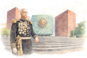 Un dibujo en acuarela muestra a Porfirio Díaz en uniforme militar con medallas, frente a la fachada de la Cámara de Diputados de México.