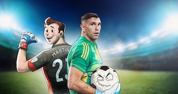 El arquero argentino Emiliano Martínez en una imagen que combina su foto real con una camiseta verde y su versión caricatura sonriente, con un balón