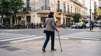 Una mujer camina de perfil sobre la vereda con un bastón verde frente a un cruce peatonal y varios comercios.