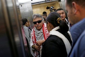 Former commander of Colombia's Marxist Revolutionary Alternative Force of the Common (FARC) Jesus Santrich gets on an elevator at the congress in Bogota, Colombia June 12, 2019. REUTERS/Andres Torres Galeano NO RESALES. NO ARCHIVES.