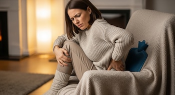 Mujer sentada en un sillón, viste jersey y pantalones, su mano en la zona lumbar y una bolsa de agua caliente azul a su lado.