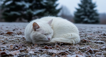 Un gato blanco rizado duerme sobre tierra marrón con escarcha blanca y hojas caídas. Árboles verdes borrosos en el fondo.
