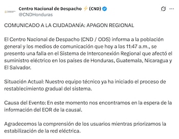 El CND proyectó un déficit de aproximadamente 40 megavatios durante las horas nocturnas. (FOTO: X)