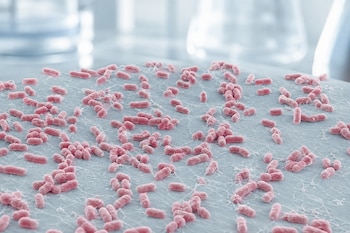 Bacterias cilíndricas de color rosado agrupadas sobre una superficie clara con un fondo desenfocado de recipientes de vidrio.