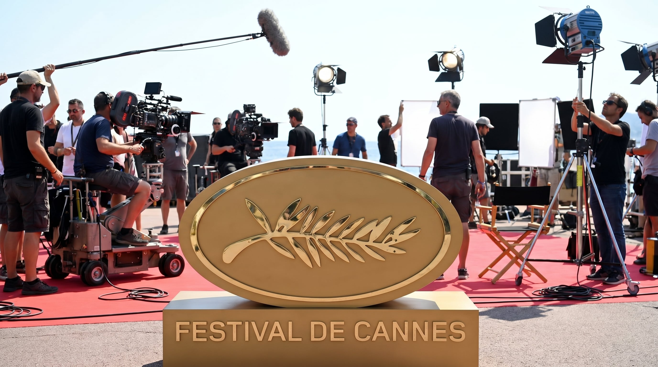 La icónica Palma de Oro del Festival de Cannes se alza en primer plano mientras un equipo de filmación trabaja activamente en un set al aire libre, capturando la esencia del cine. (Imagen Ilustrativa Infobae)