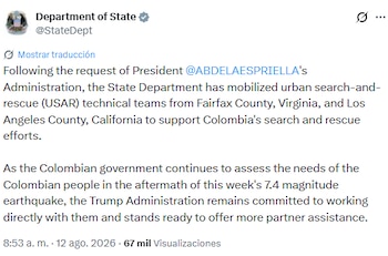 El Departamento de Estado, liderado por Marco Rubio, aseguró que el Gobierno Trump está comprometido a colaborar para superar las consecuencias del desastre natural - crédito @StateDept/X