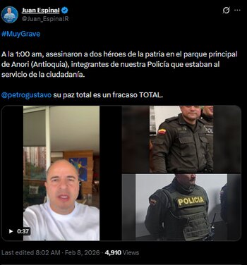 Juan Espinal arremetió contra Petro por el asesinato de dos policías en Anorí, Antioquia - crédito @Juan_EspinalR